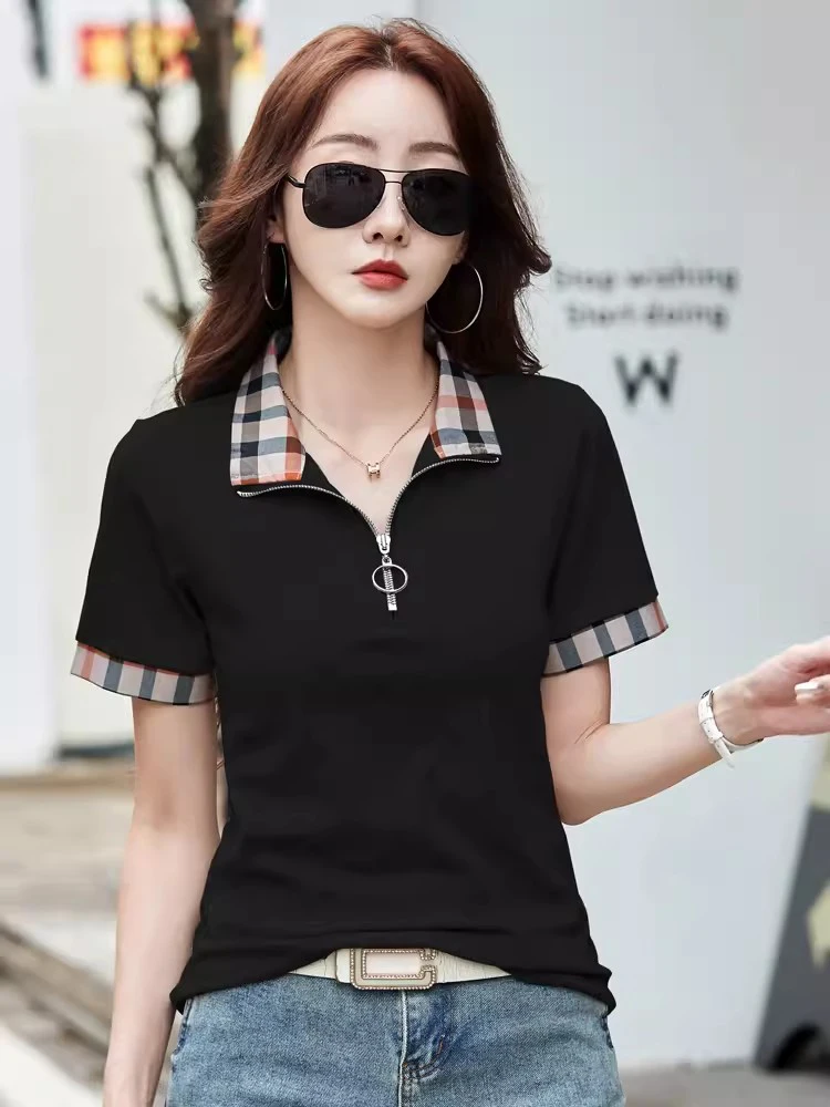 New Women Summer Cotton Polo T-shirt Fashion Button Plaid Turn-down Collar Short Sleeve Slim T-shirt Simplicity Casual Tees Tops