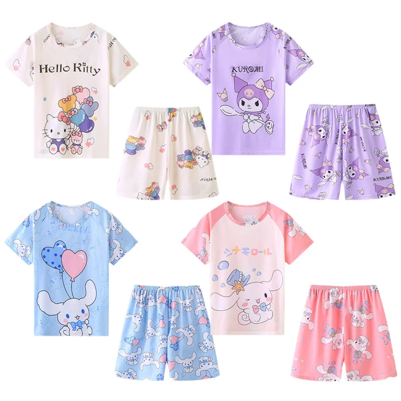 

Kawaii Sanrioed Hellokitty Kuromi Cinnamoroll Childrens Summer Thin Pajama Two-piece Set Cute Short Sleeved Shorts Home Clothe