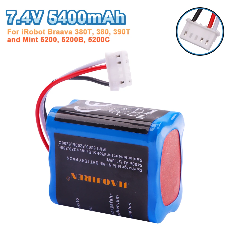 Akumulator 7,2 V 5400 mAh NI-MH do odkurzacza iRobot Braava 380T 380 390T Mint 5200 5200B 5200C ulepszona duża pojemność dla 380T