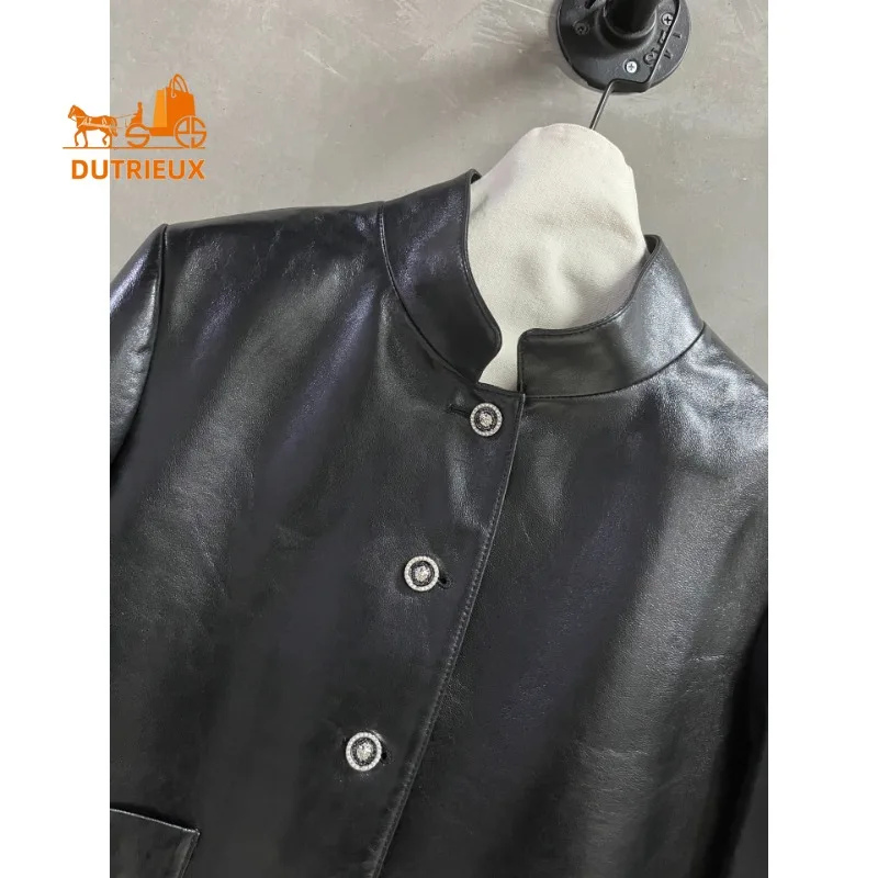 2025 Winter Leather Jacket Short Stand Collar Pockets Solid Color, 100% Genuine Sheepskin Shiny Fashion Temperament Women's Coat