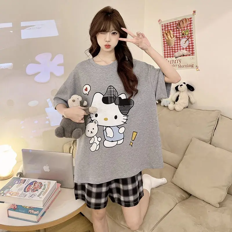 Pajama Girl Hello Kitty Summer Short Sleeved Sanrio Shorts Thin Fit Can Be Worn Outside Pure Cotton Home Clothes Plus Size Loose view 2
