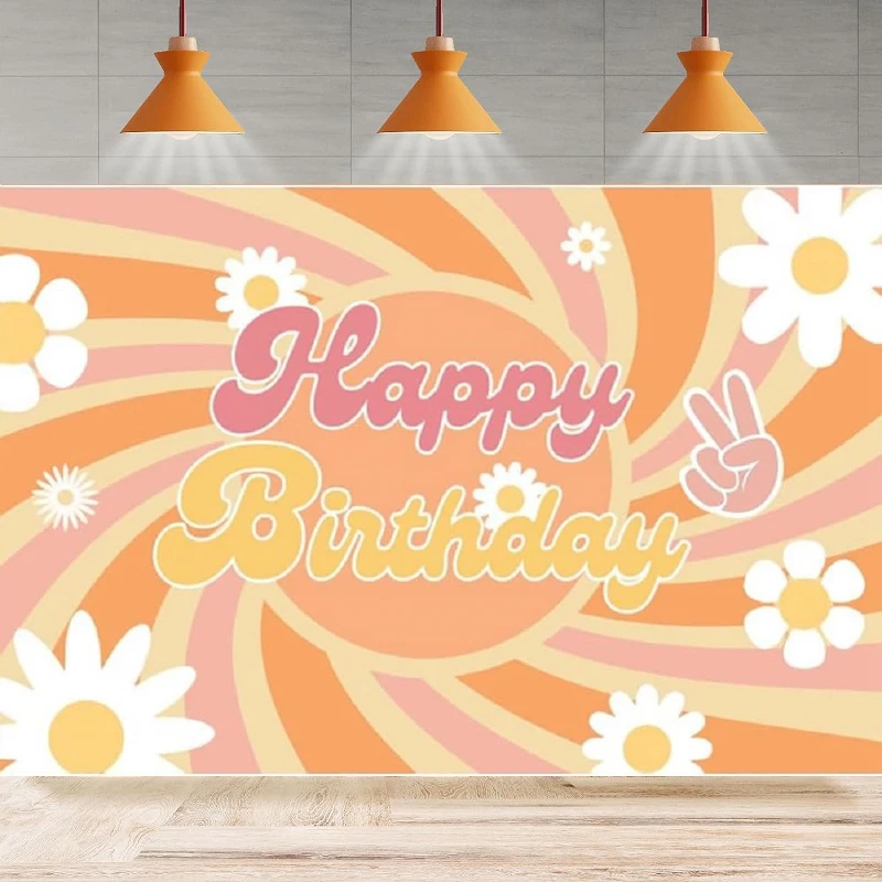 Yellow Daisy Flower Photography Backdrop Groovy Happy Birthday Backgroynd Party Backdrop Wall Banner Decor Boho Girl Cake Table