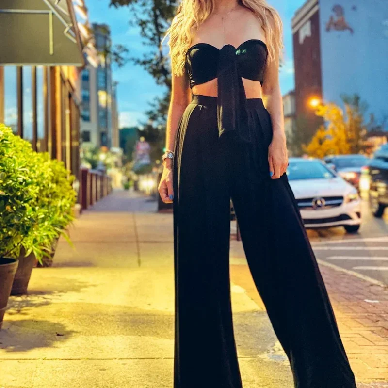 Two-piece 2023 Summer Women's Sexy Lace-up Off-the-shoulder Top and Wide-leg Pants Suit Black Elegant Club Party Matching Suit