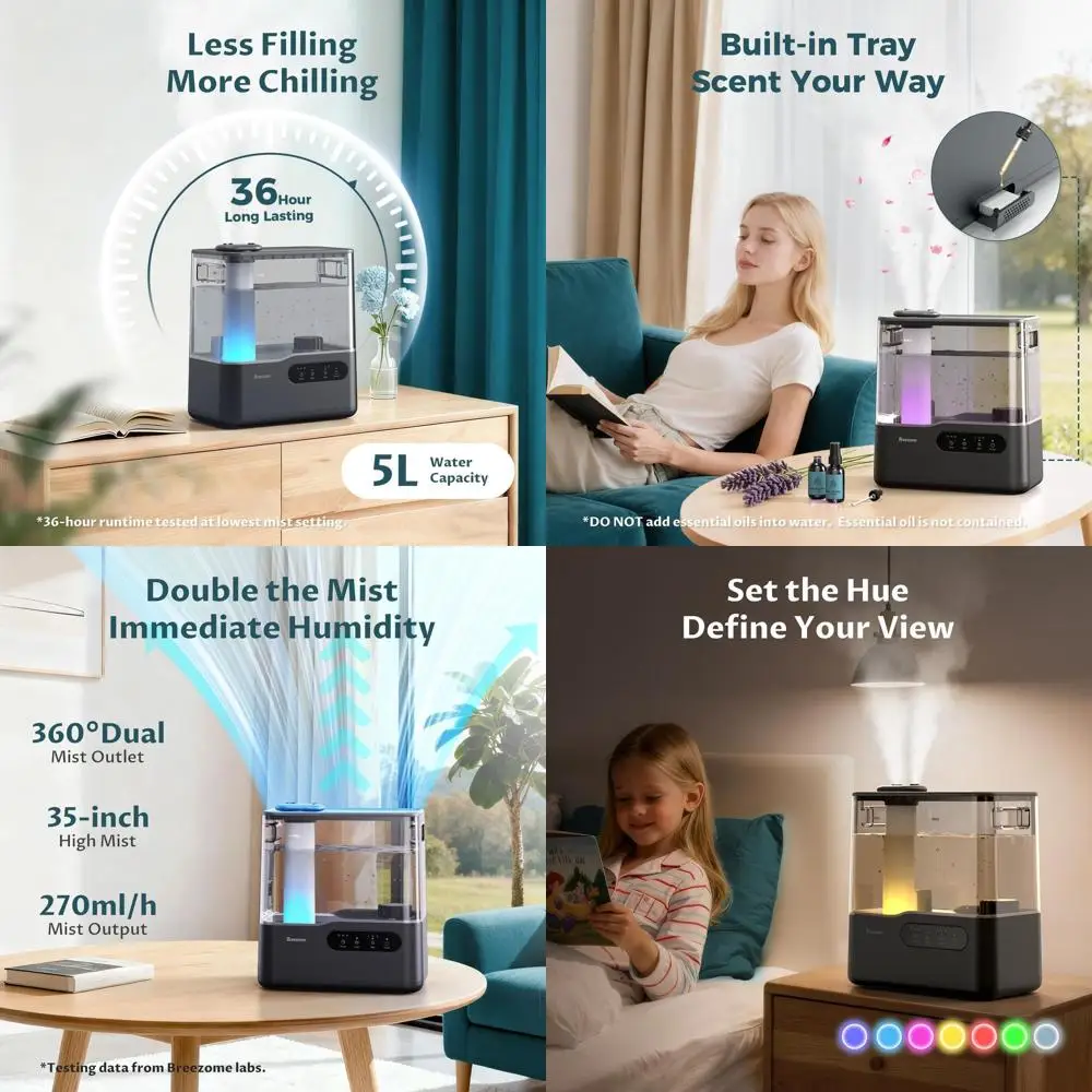 

Увлажнитель воздуха Top Fill 5L с функцией холодного тумана для больших помещений, с 7-цветной подсветкой, таймером и поддоном для эфирных масел