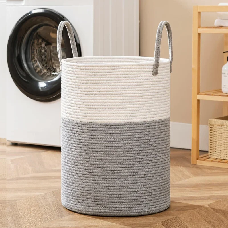 Tall Cotton Rope Laundry Hamper, Tall Laundry Basket with Handles, Woven Storage Blankets Basket, Dirty Clothes Hamper,Toy baske