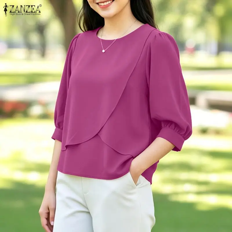 2026 ZANZEA Women Summer Blouse Elegant Solid Color Work Shirt Casual O Neck Short Sleeve Tops Loose Mujer Female Holiday Blusas