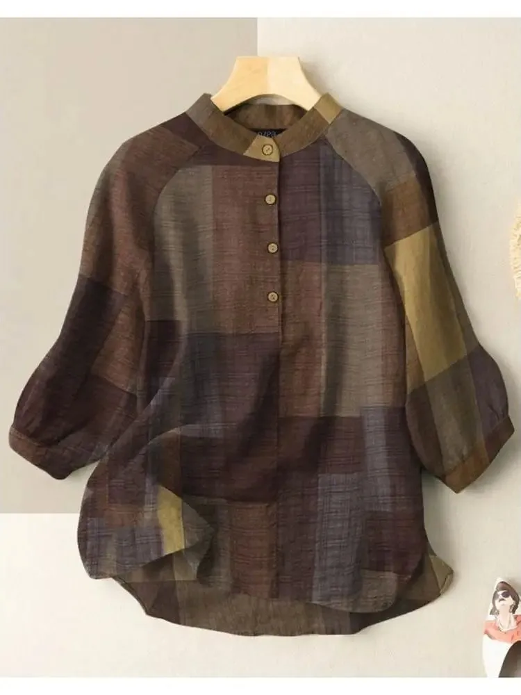 Sciolto lungo Sve scozzese da donna irt Top Street Sle Spring Faion Casual rotondo Ne Lunghezza regolare Altro materiale