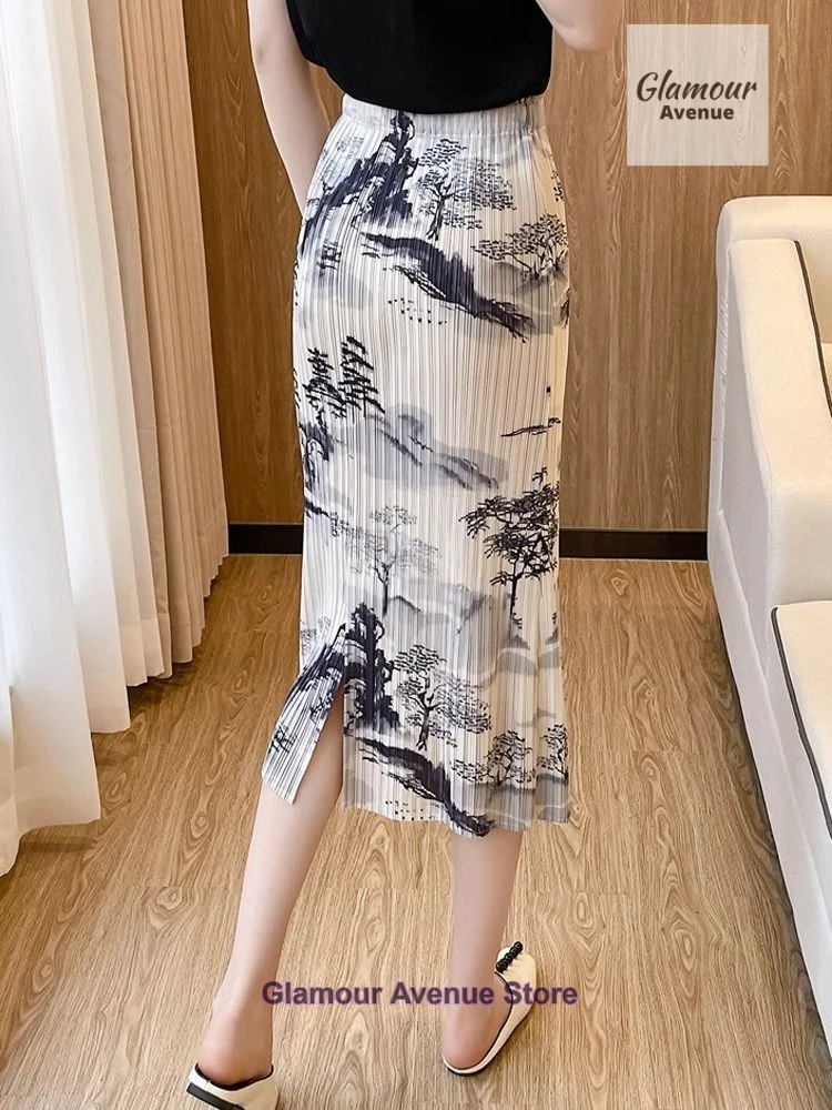 French slit pleated slim floral skirt female summer new fashion ink painting gradient elastic waist long A pleated skirt