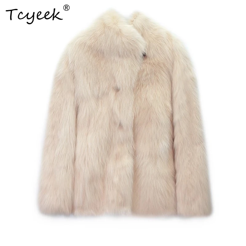เสื้อโค้ทขนสัตว์แท้ Tcyeek สำหรับฤดูใบไม้ร่วงและฤดูหนาว ดีไซน์หรูหราทันสมัย ปกเสื้อแบบปกเชิ้ต ความยาวปานกลาง ขนฟ็อกซ์ สำหรับผู้หญิง ทำจากขนแกะและขนฟ็อกซ์