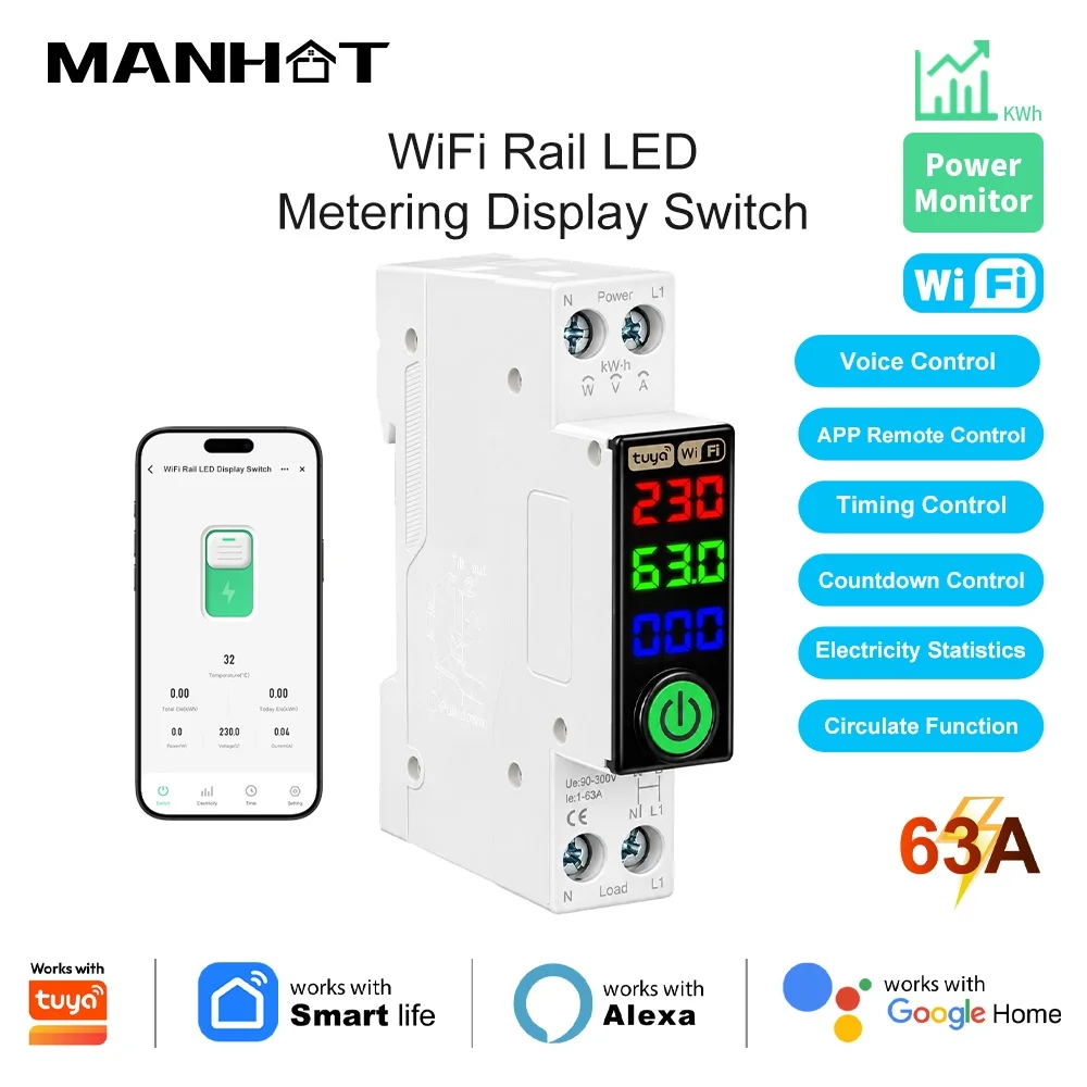 Manhot WIFI LED Display Circuit Breaker For Tuya Adjustable Over Voltage Current Under Voltage Protection DIN Rail Switch 63A