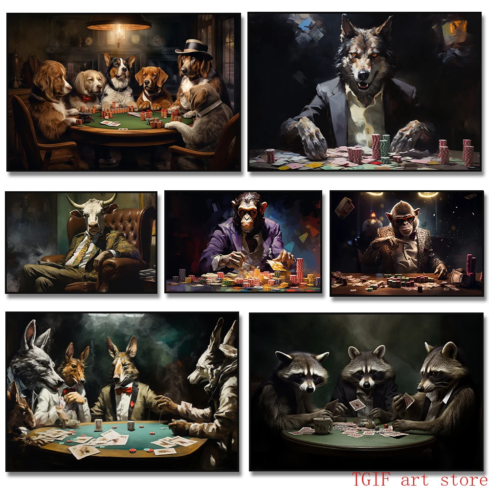 Abstract Funny Animal Dog Wolf Monkey Bear Raccoon Playing Poker Wall Art Posters Canvas Painting Print for Home Decor Cuadros