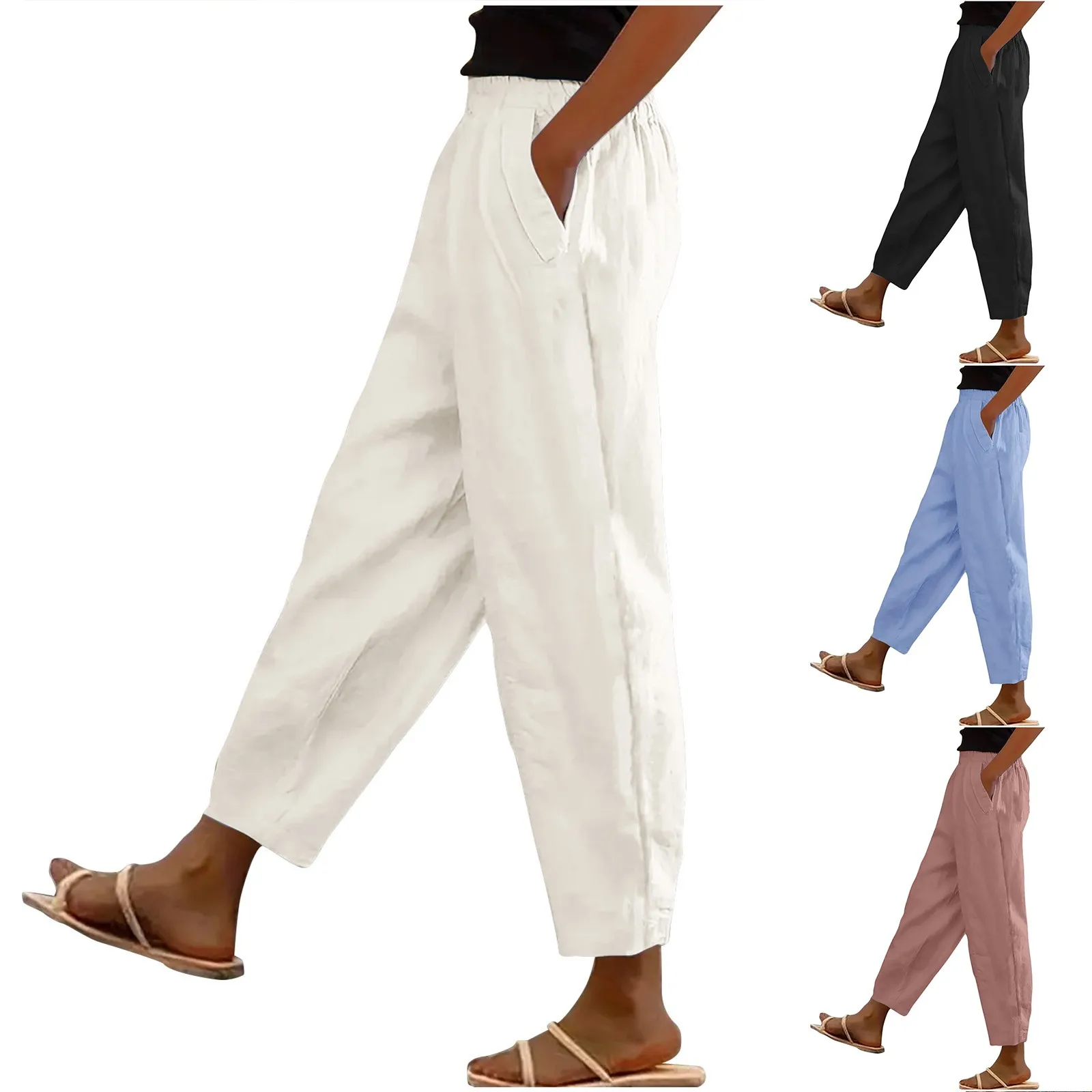 여성용 단색 코튼 리넨 바지, 신축성 허리 포켓 단추 바지, 빈티지 패션, 여름 보터밍 할로우 아웃 바지, 2024 