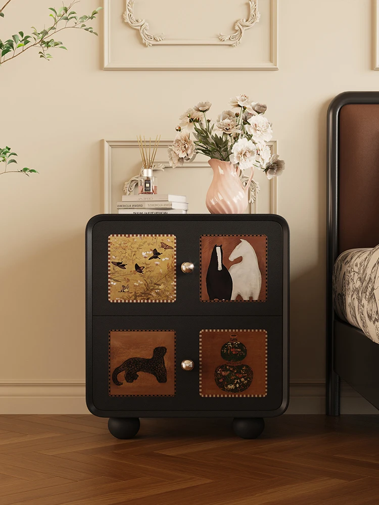 خزانة بجانب السرير إبداعية عتيقة لغرفة النوم المنزلية، خزانة تخزين سوداء، طاولة بجانب السرير من الخشب الصلب #5