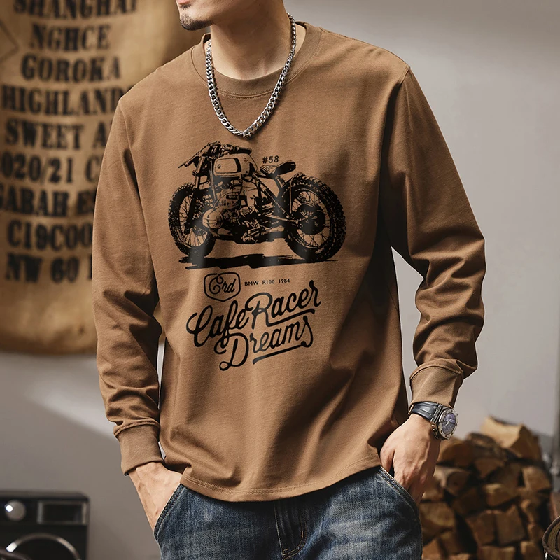 

Motorcycle Race Dream Letter Printed T Shirt for Men Spring Autumn Long Sleeve T-shirt for Youth Retro Male Casual Tees Tops