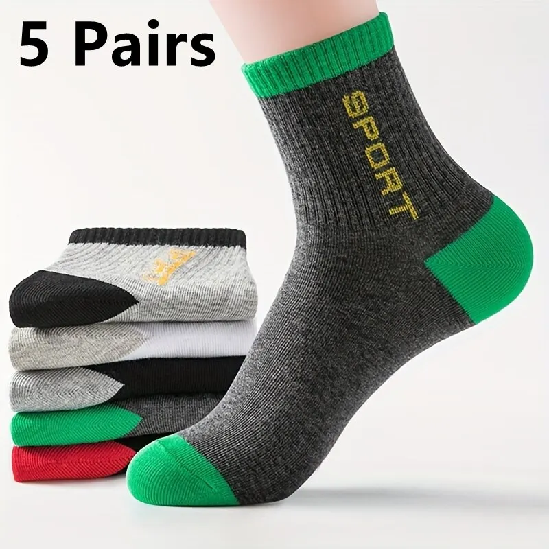 5pairs Men\'s Quarter Length Athletic Socks For Sports In Fall/Winter