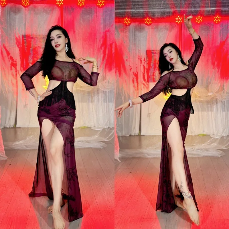 Vestido de práctica de danza del vientre Sexy Swegal personalizado, trajes de danza Oriental, vestido de tirantes de cintura de malla con estampado negro, morado y rojo para mujer