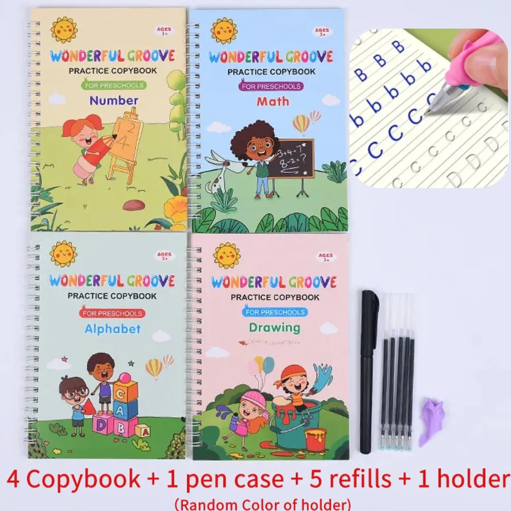 English Copybook Set for Kids with Magic Pen, 4 Copybooks, 1 Pen Case, 5 Refills, and 1 Holder, English Exercise Book with Alpha