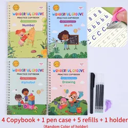 English Copybook Set for Kids with Magic Pen, 4 Copybooks, 1 Pen Case, 5 Refills, and 1 Holder, English Exercise Book with Alpha