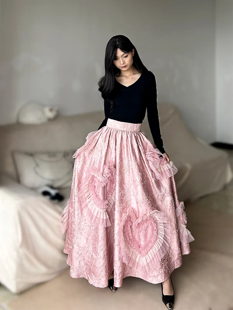 TIYIHAILEY Satynowa Różowa Elastyczna Talia XS-XL Linia A Kwiaty Damskie Wysokiej Jakości Wiosna Jesień 2025 Nowe Modne Spódnice