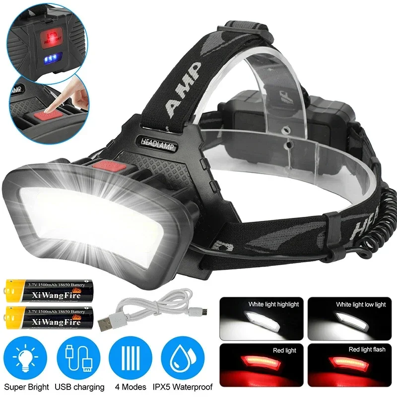 Powerful COB LED Headlamp 4 Light Modes Wide Angle USB Rechargeable Headlight Use 18650 Battery Outdoor Camping Fishing Lantern