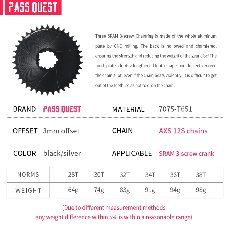 PASS QUEST Bike 3 Bolt Chainring for FORCE 1 22 Red Direct Mount Narrow Wide AXS Chain 12 Speed 28-56T Chainringike