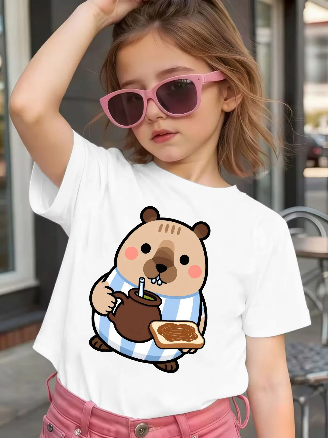 Drink Toast Capybara Cartoon Print Kids T Shirt Boys Girls Family Match Cotton Short Sleeve Summer Children Casual Basic Wear