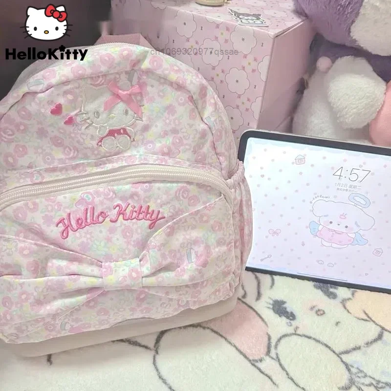 12 inch Hello Kitty Flower Cartoon Melody Backpacks Y2k Sanrio Sweet Cute Girl Embroided Schoolbags Zipper Backpack for Women