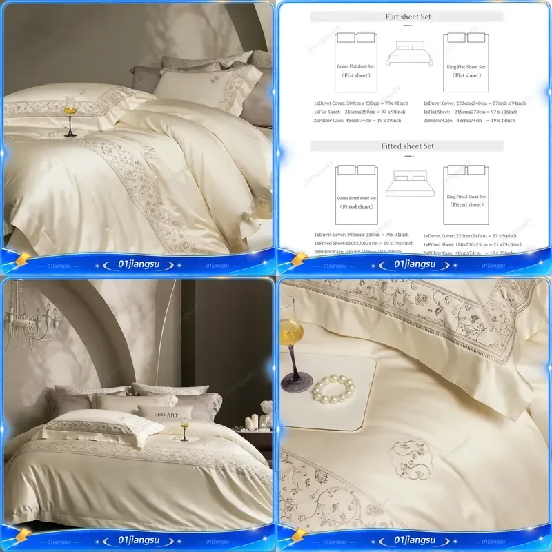 1000TC Egyptian Cotton Bedding Set Luxury Embroidery Duvet Cover Soft Silky Bed Sheet Pillowcases 4Pcs Queen King Size Home