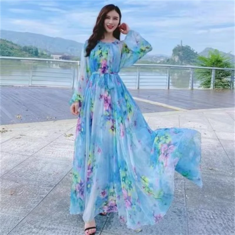 To The Ankle Chiffon Long-sleeved Dress Women Spring and Summer 2023 New Loose Super Fairy Printed Long Skirt Big Beach Skirt