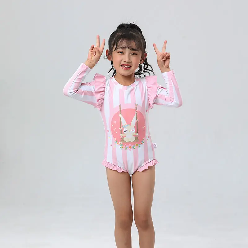 2pcs Summer New Girls\' Sleeveless Long Sleeve Bikini One Piece Sunscreen Swimwear Pink Rabbit Print Fleece Sleeves with Hat