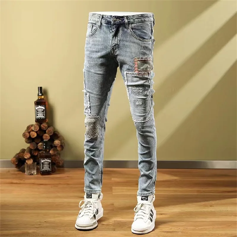 EH·MD® Splatted Ink Men's Scraped Jeans Stickers With Micro-Channel Embroidery Small Leg Trousers Painted Cotton Red Denim Soft2