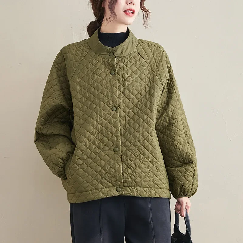 Autumn and Winter Models Diamond Grid Short Cotton Jacket Women Thin Casual Stand Up Collar Jacket Warm Loose Jacket