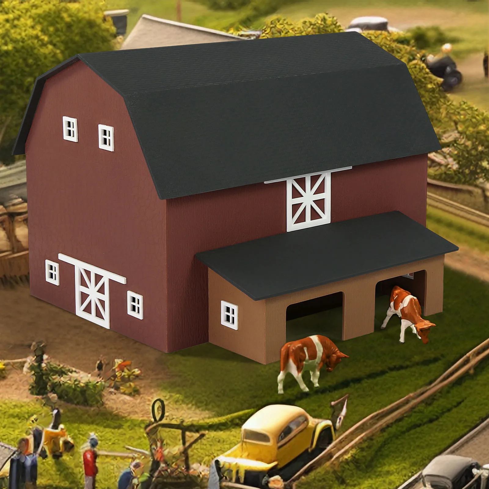 Evemodel HO Scale Model Building Two-story House Model Barn Farm Cows for Model Trains JZ8708