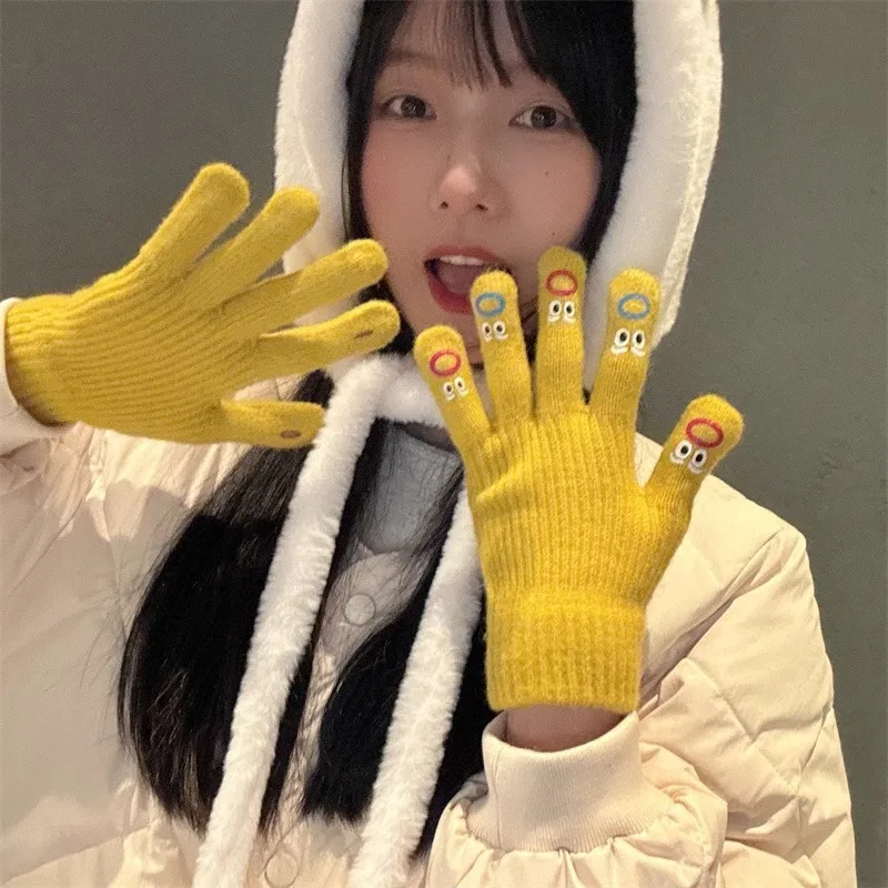 Guanti con facce carine Cinque dita per ragazze Guanti invernali caldi lavorati a maglia addensati in stile coreano adorabili Guanti touchscreen per esterni