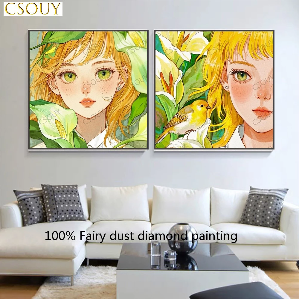 

100% Fairy Dust Diy Diamond Painting Cross Stitch Yellow Leaf Girls Crystal Square Drill Full Embroidery Mosaic Decor Needleword