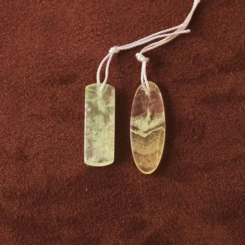 

2PCS Prehnite Pendants Set Polished Natural Green-Yellow Gemstone Unique Translucent Patterns Minimalist Artisanal Jewelry