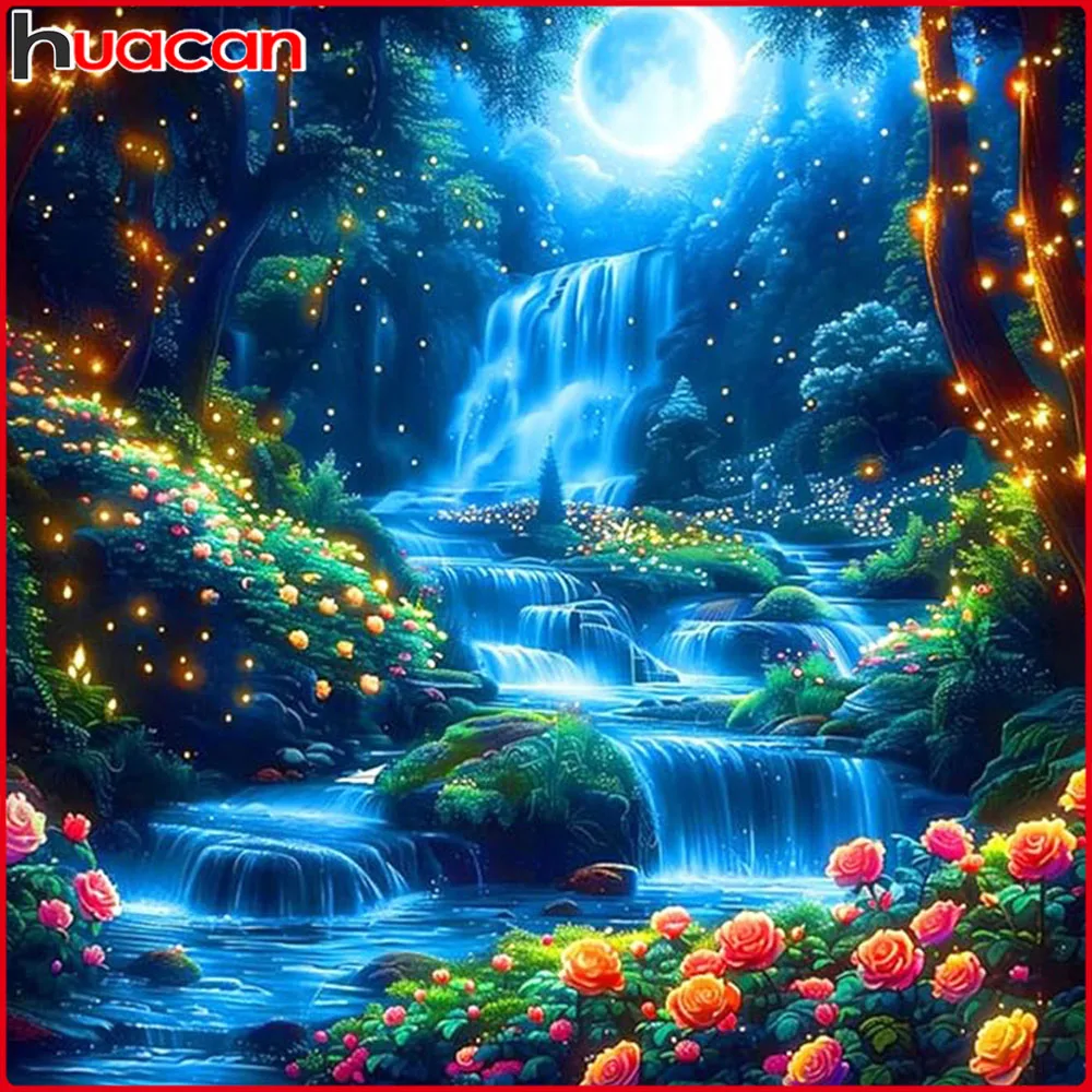 

Huacan Full Square Round Diamond Painting Moon Flower Waterfall Diamond Mosaic Landscape Art Gift
