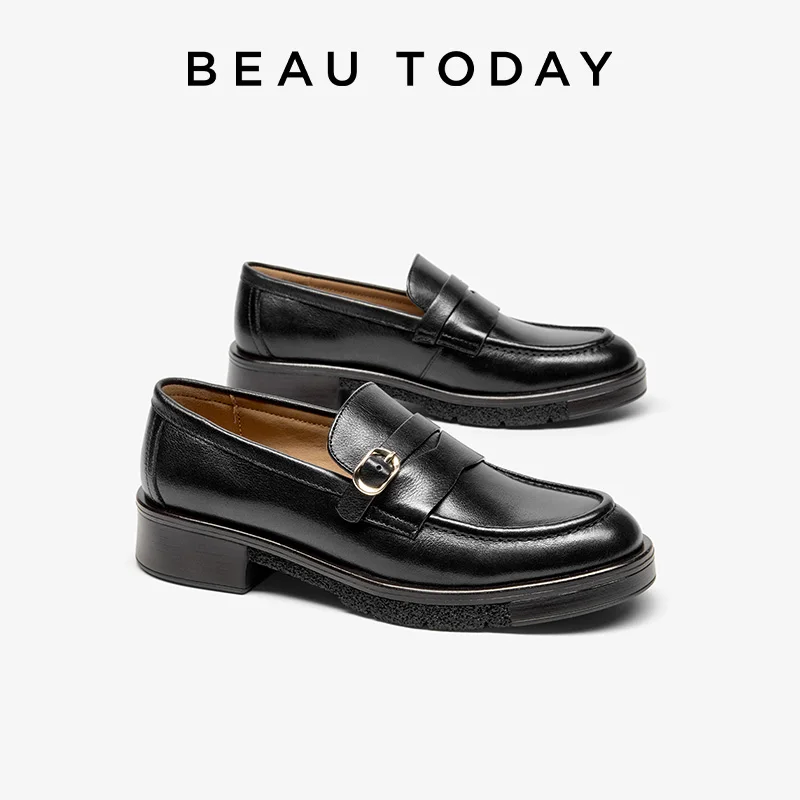 BEAUTODAY Classic Loafers Women Genuine Calfskin Leather Round Toe Solid Color Flats Slip-on Ladies Shoes Handmade 26467