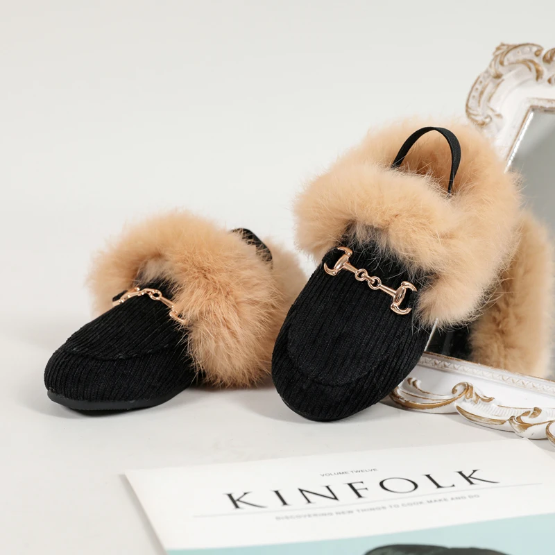 AS Kids Shoes Children Fur Slides Baby Girls Slip On Outdoor Slippers Toddler Boys Black Brand Flats Soft Princess Slides New