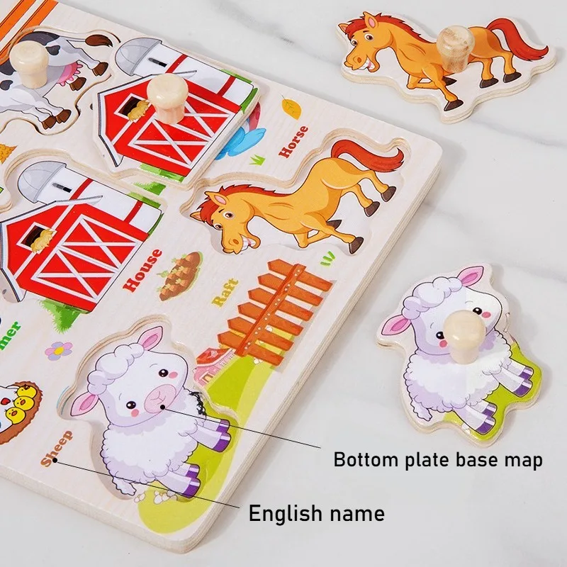 Montessori Wooden Puzzles for Children Animal Fruit Hand Grab Board Cognition Jigsaw Puzzle Game Learning Educational Toys