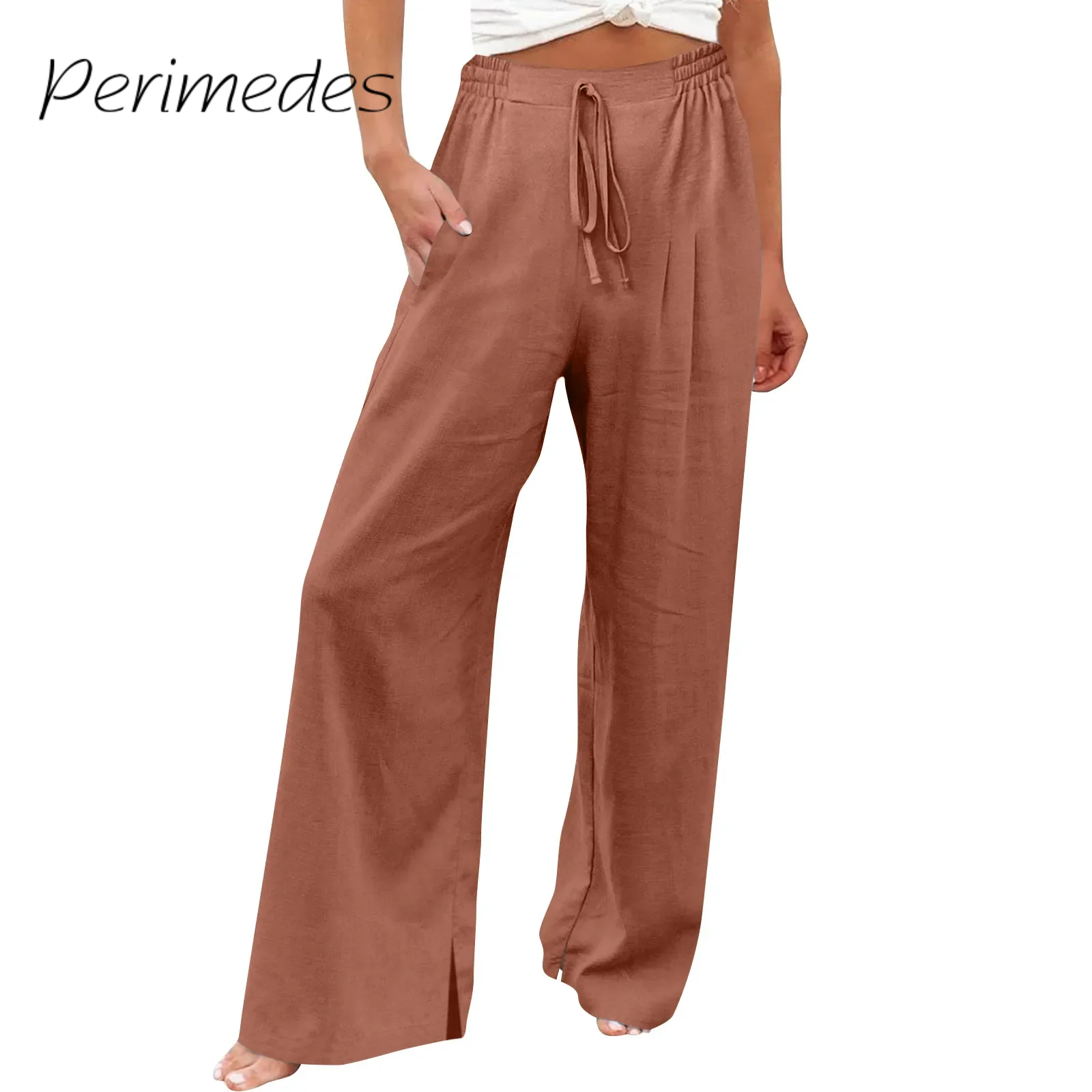 

Linen Pants For Women Comfortable Flowing Wide Leg Trousers Summer New Loose High Waist Beach Palazzo Pants With Pockets