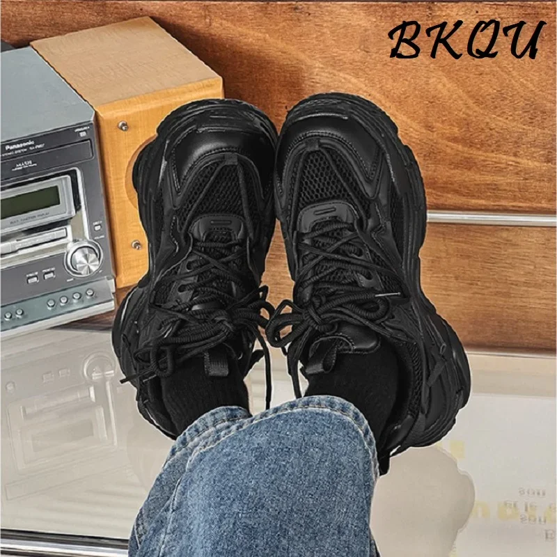 BKQU Muffin Daddy Shoes Men's All-match Fashion Shoes 2024 Autumn Senior Sense Net Leisure Sports Thick Soled Elevating Shoes