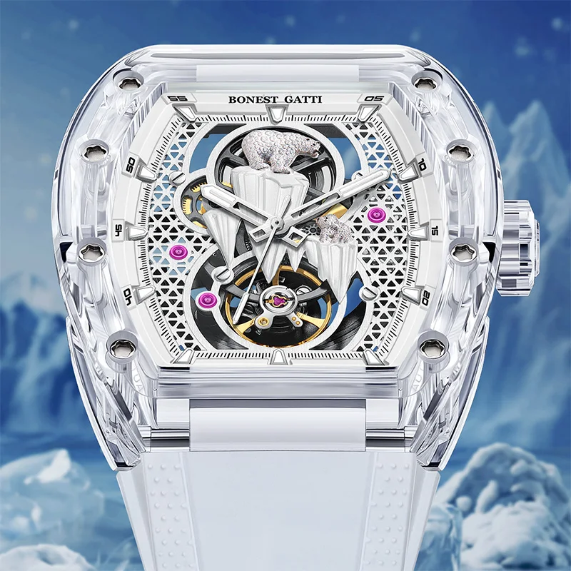 

BONEST GATTI новая модель мужские механические часы белый медведь циферблатTonneau скелетон механизм прозрачный хрустальный корпус немецкое ремесло