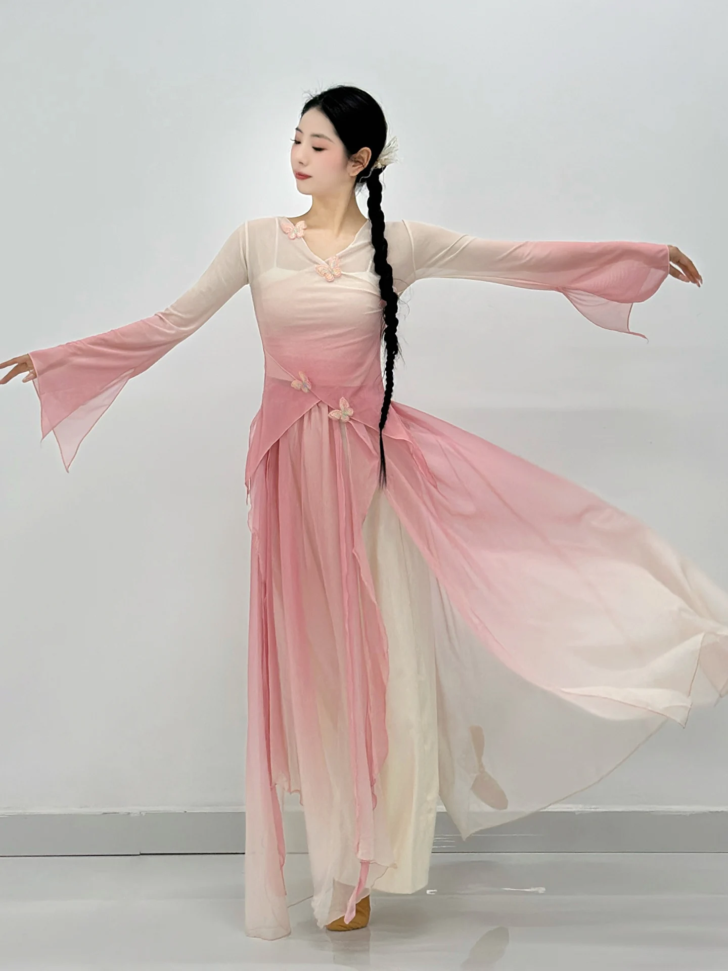 

Classical Dance Clothing Body Charm Gradient Yarn Leotards Sleeve Chinese Classic Costume for Women