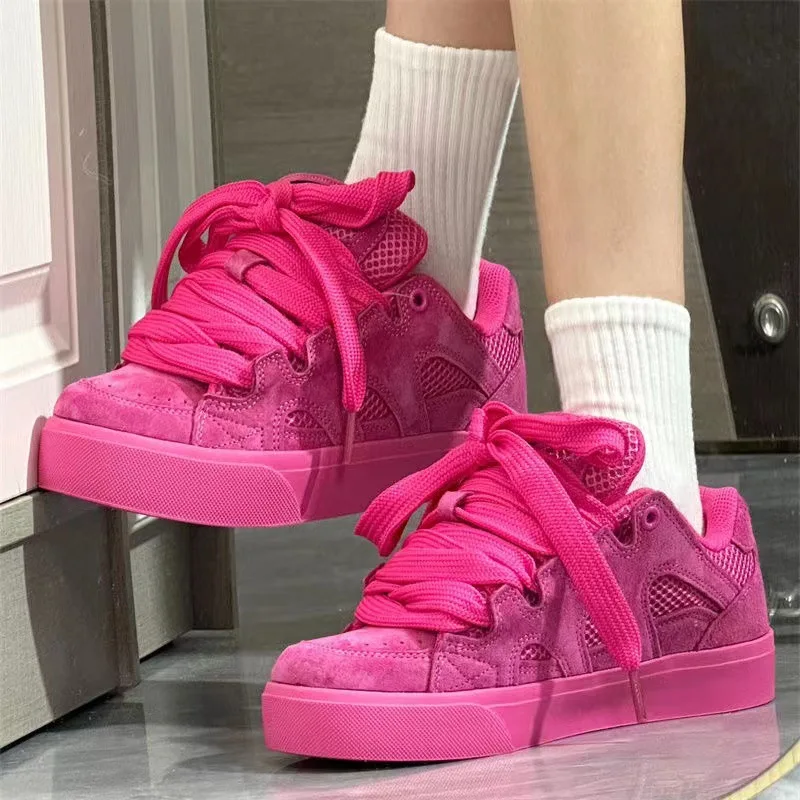 

Туфли для папы в американском стиле Pitaya, женские массивные розовые замшевые кожаные кроссовки на низкой платформе в стиле ретро, модные кроссовки Ugly Chic