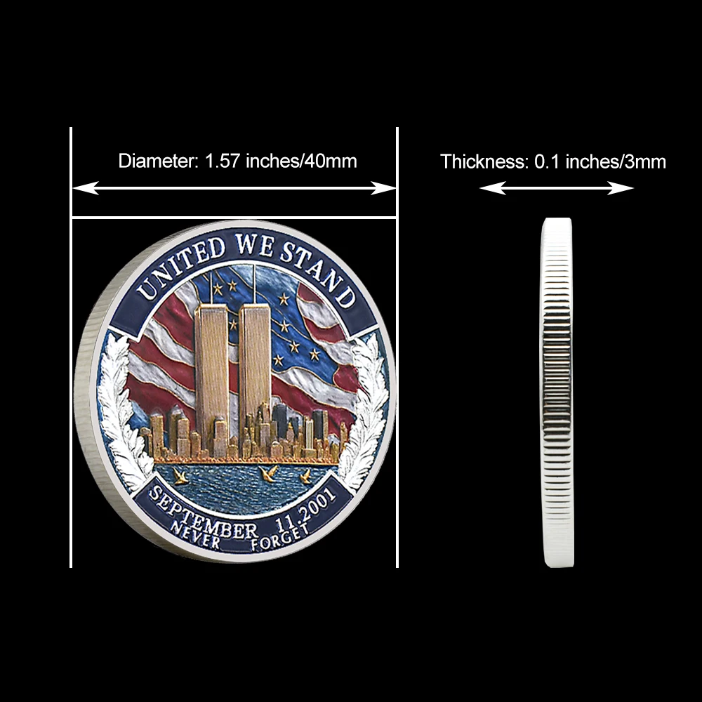 September 11 Memorial Challenge Coin United We Stand Never Forget Twin Towers American Flag Patriotic Collectible Keepsake