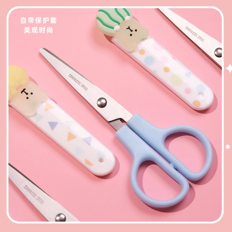 Creative Cute Cartoon Bear Kid Scissors Mini Safety Student Stationery Scissors with Cover School Supplies Office Accessories