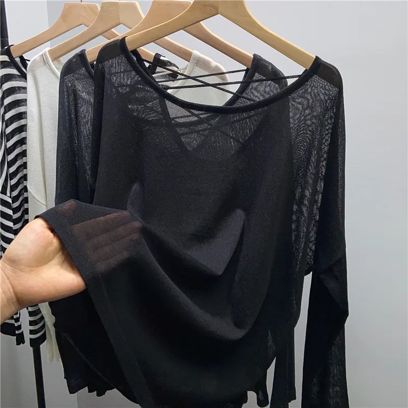 Striped Knitted Sunscreen T-Shirts Women Round Neck Long Sleeve Loose Hollow Out Backless Smock Tops Spring Summer Thin Tees