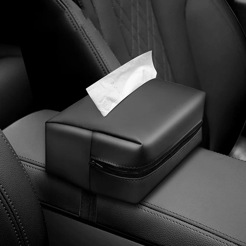 Car Tissue Box Holder Nappa Leather Car Center Console Armrest Napkin Box Sun Visor Backseat Tissue Case with Fix Strap