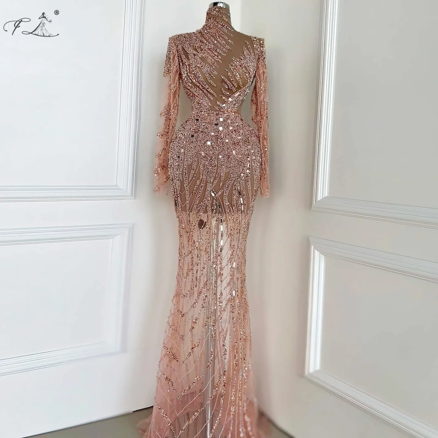 Paillettes perlées manches longues robe de soirée rose clair sirène pure tulle jupe col haut évidé robe de soirée robe de bal 2025